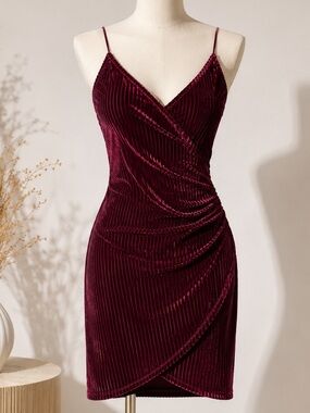 Velvet Ribbed Wrap Bodycon Dress in Wine